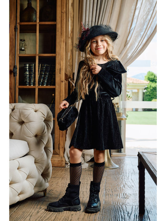 Children's Dress Long Sleeve Velvet Black, Silver