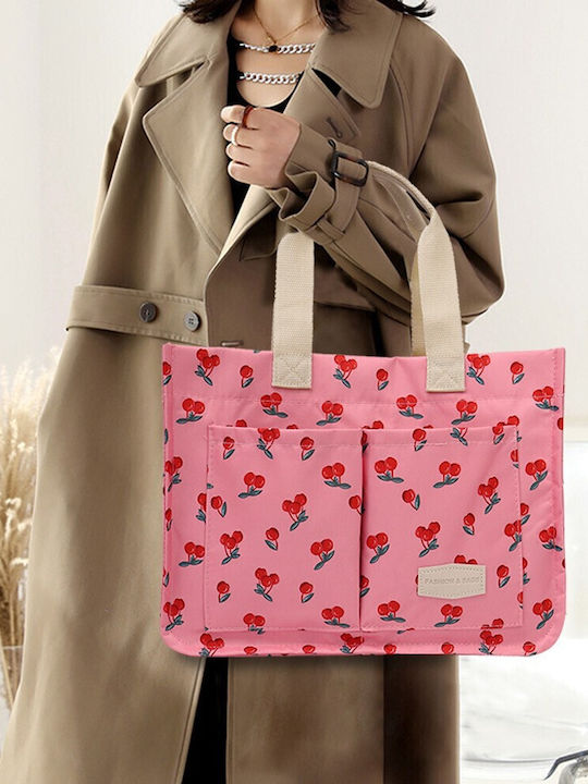 Hand Shoulder Bag Multifunctional Flippy Snap Closure Cherry Print Textile Material 33.5 X 25 X 14.5 Cm Pink