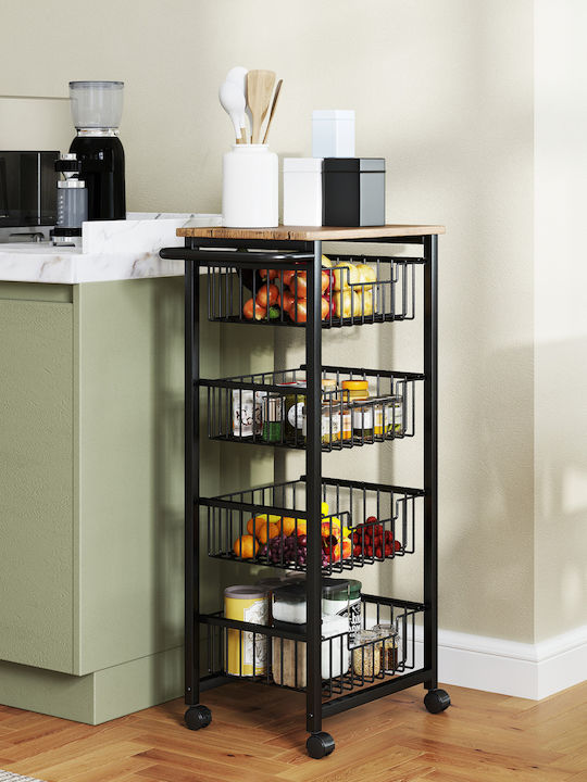 HomCom Wooden Kitchen Trolley 4 Tiers Black 49.5x31x91cm