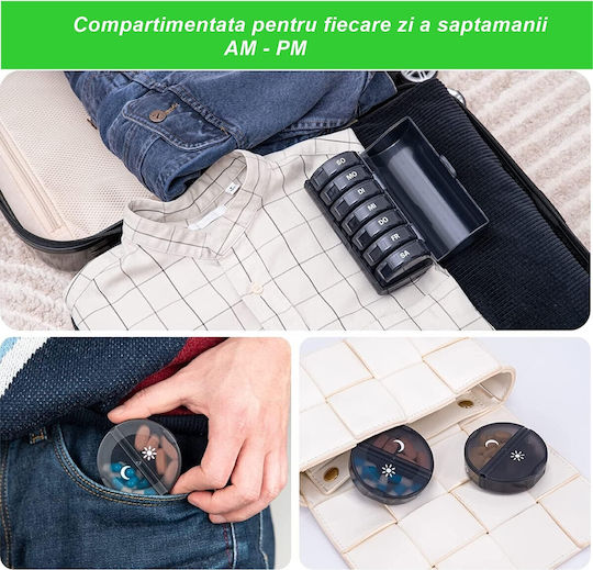 Cutie Pentru Depozitarea Medicamentelor Flippy 7 Zile 14 Compartimente Cutie Suport Containere Detasabile Portabilă Neagră 17.5x11x9.5 Cm