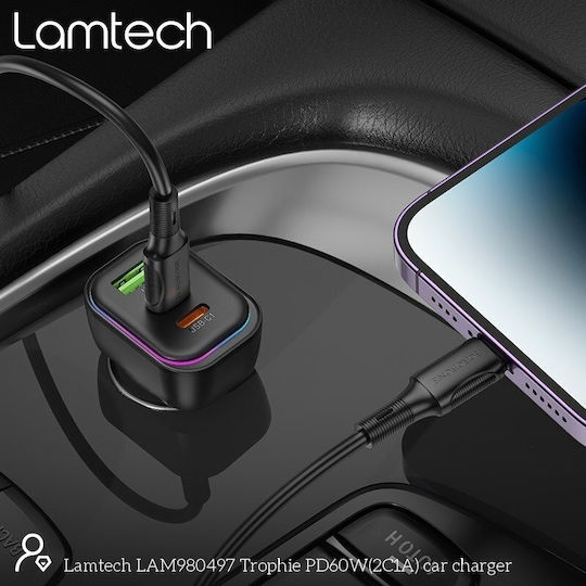 Lamtech Car Charger 60W 2.75A Fast Charging with Ports: 1xUSB 2xType-C with Cable Embedded Black Color