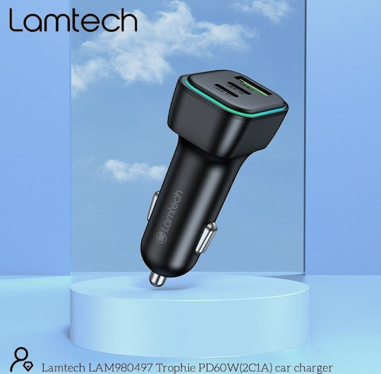 Lamtech Car Charger 60W 2.75A Fast Charging with Ports: 1xUSB 2xType-C with Cable Embedded Black Color