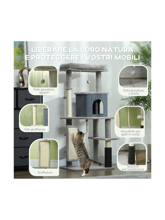 Pawhut Tall Multi-Level Cat Tree 132 cm House Bed Scratching Posts Brush Ball Gray D30-842v01lg