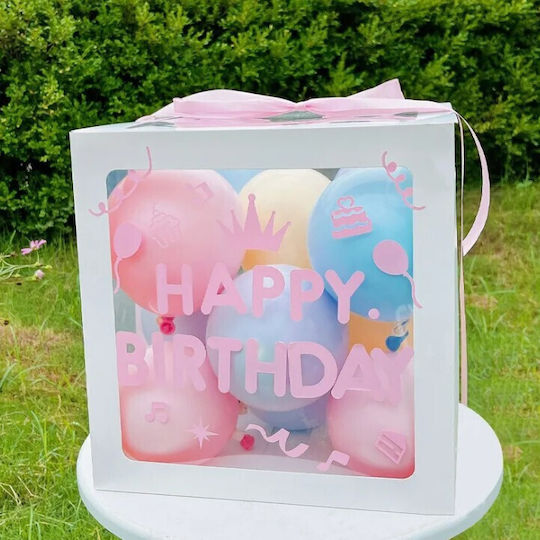 Cutie Balon Flippy Temă De Ziua De Naștere Design Script La Mulți Ani Balonase Albastre Roz Galbene Panglică Inclusă Contur Alb Transparent 30x30 Cm