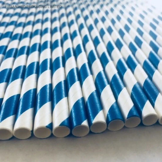 Set 25 Straws Flippy Paper 20 Cm Striped Pattern White Dark Blue