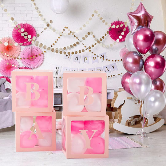 Set 4 Cutii Pentru Baloane Flippy Baby Script Design Temă Dragoste Cuburi Decorative Din Plastic Accesorii Pentru Petreceri 30 X 30 Cm Contur Roz Transparent