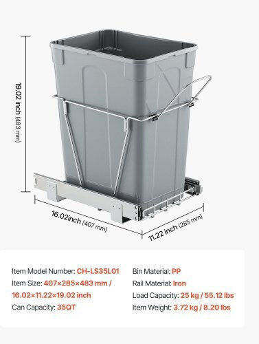 Vevor Plastic Grey Waste Bin for Cabinet 40.7x28.5x48.3cm
