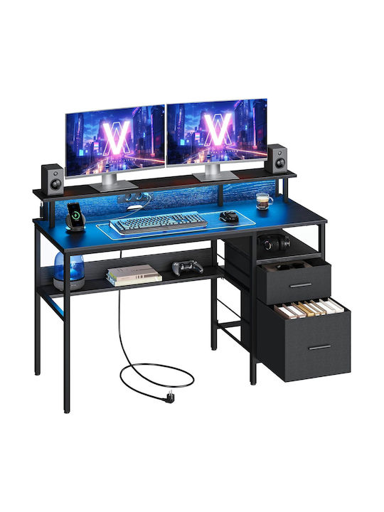 Birou de Calculatoare din Lemn Ebony Negru cu LED și Porturi USB 135x90x55cm