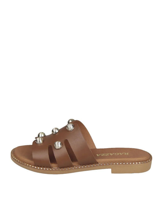 Leather Women's Flat Sandals Anatomic with Strap in Tabac Brown Color