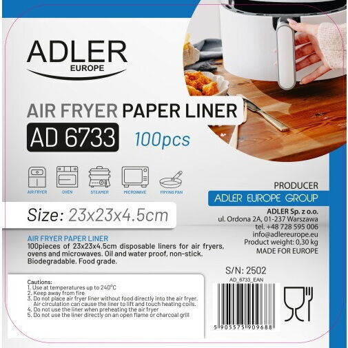 Adler Non-stick Papers for Air Fryer 23x23cm 100 Pieces