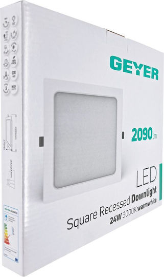 Geyer Τετράγωνο Χωνευτό LED Panel 24W με Θερμό Λευκό Φως 3000K 22.4x22.4εκ.