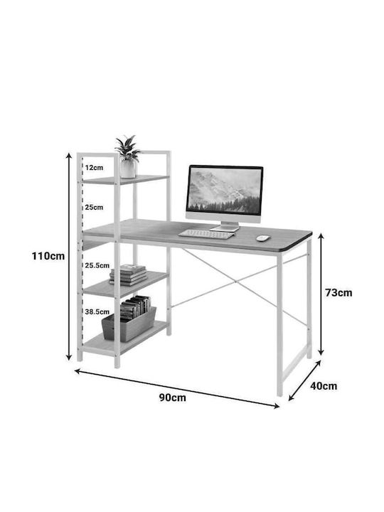 Desk Bencour Wooden with Bookshelf Oak-White Metal with Metal Legs 90x40x73cm