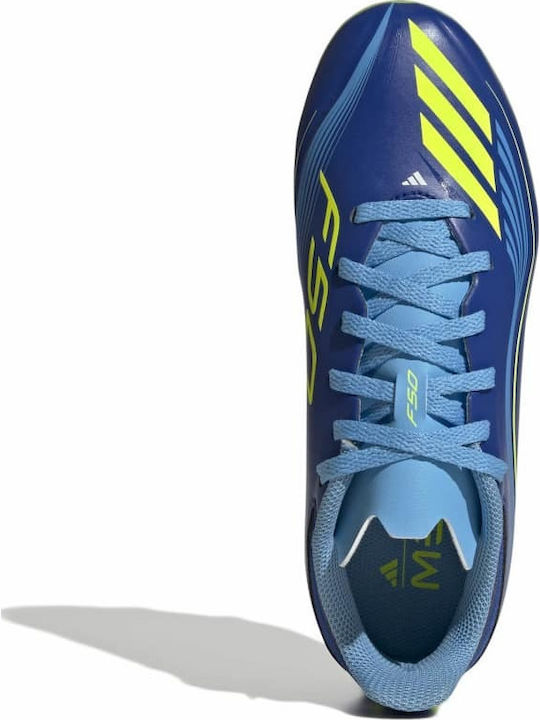 F50 Messi League FG MG Kids Soccer Cleats with Molded Outsole Royal Blue Solar Yellow and Semi Blue Burst