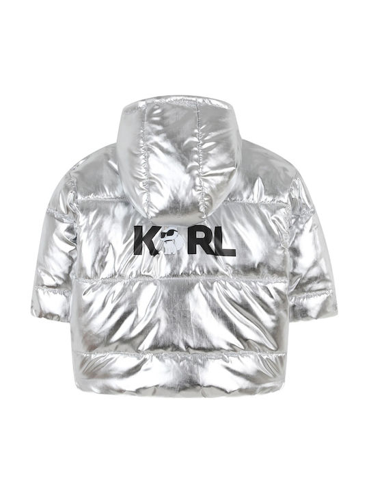 Kids Quilted Short Hooded Silver Metallic Jacket