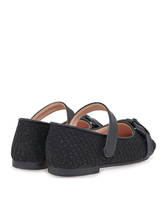 Kids Leather Ballerinas with Hoop & Loop Closure Black