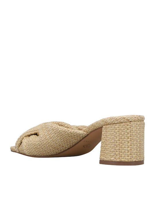 Leather Women's Mules with Chunky Low Heel in Ecru Color