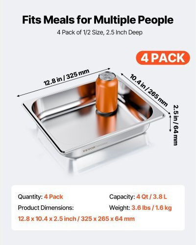 Vevor 1/2 Size Gastronorm Pans Steam Table Pans 2.5 Inch Deep Stainless Steel 4 Pack