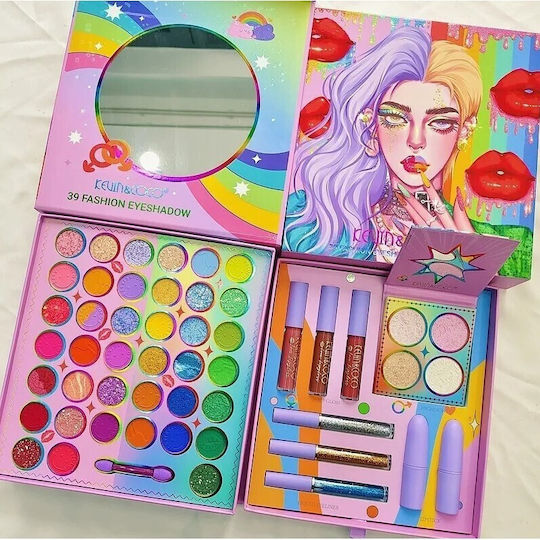 Set Machiaj Kevin Coco 39 Culori Pigmentate Farduri de Ochi Ruj Gloss Eyeliner Blush Curcubeu
