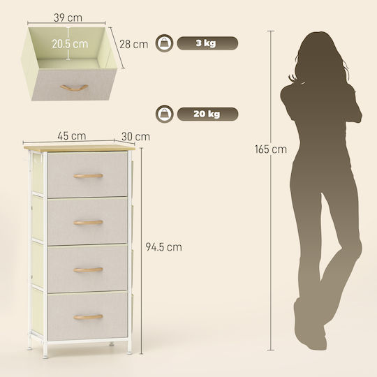 Wooden & Metallic Chest of Drawers with 4 Drawers Beige with Fabric Coating 45x30x94.5cm
