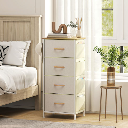 Wooden & Metallic Chest of Drawers with 4 Drawers Beige with Fabric Coating 45x30x94.5cm