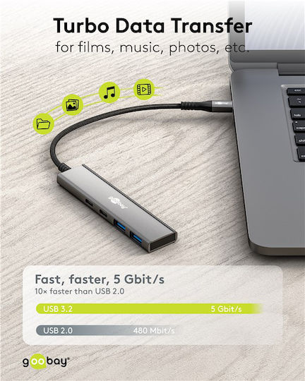 Goobay USB-Hub 4 Anschlüsse USB 3.2 mit Anschluss an einen Computer USB-C / USB-A Graues