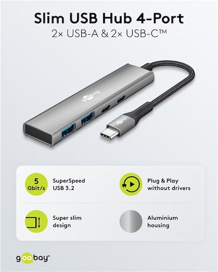 Goobay USB-Hub 4 Anschlüsse USB 3.2 mit Anschluss an einen Computer USB-C / USB-A Graues
