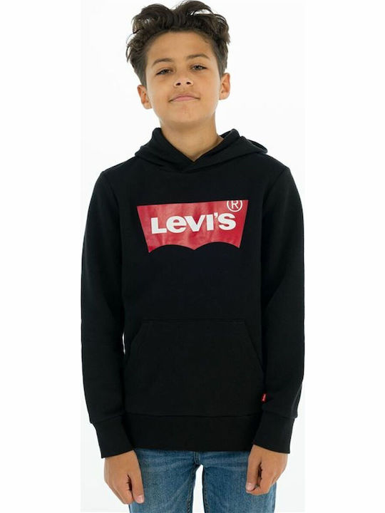 Fleece Kinder-Sweatshirt mit Kapuze und Taschen Schwarz Batwing Screenprint