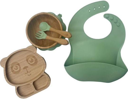 Queen Mother Panda Feeding Set Made of Silicone with Anti-Slip Base Green 5 Pieces for 6+ Months