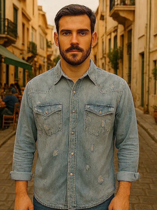 Long-sleeved Denim Shirt Light Blue