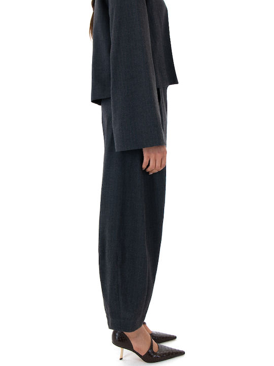 Damen Hoch tailliert Stoff Hose mit Gummizug Gestreift Grey-Brown