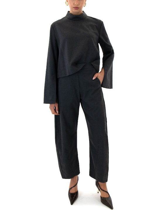 Damen Hoch tailliert Stoff Hose mit Gummizug Gestreift Grey-Brown