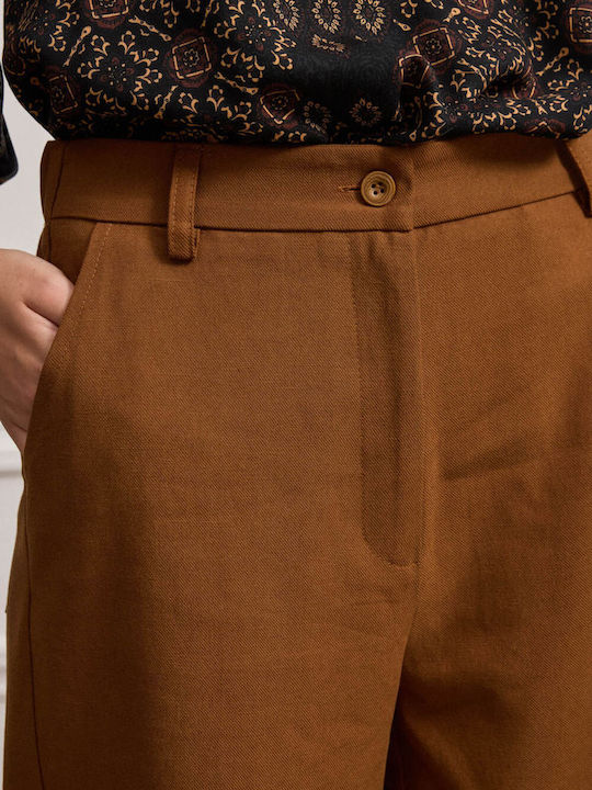 Women's Fabric Capri Trousers with Elastic Relaxed Fit Caramel