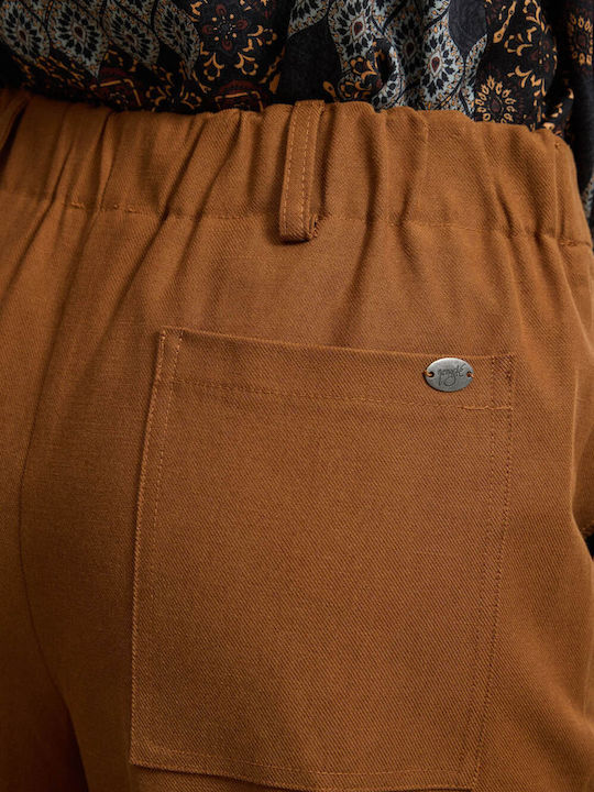 Women's Fabric Capri Trousers with Elastic Relaxed Fit Caramel