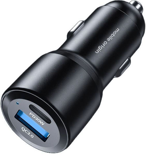 Mobile Origin Car Charger 60W 6A with Ports: 1xUSB 1xType-C Black Color