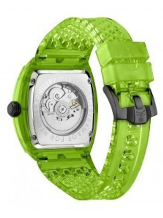 Philipp Plein Skeleton Ceas Barbatesc Automat cu Curea din Cauciuc Verde