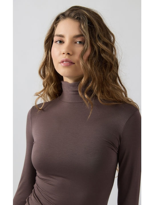 Fimelle Women's Long Sleeve Turtleneck T-Shirt Brown