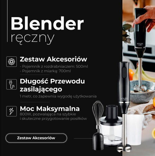 Adler AD 4620 Шейкър за ръце с неръждаема стоманена пръчка 800W Черен
