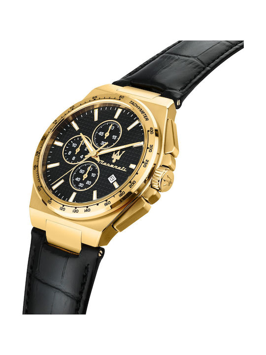 Maserati Ανδρικό Ρολόι 41mm Χρονογράφος Μπαταρίας με Χρυσό Δερμάτινο Λουράκι