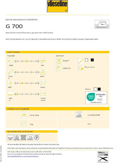 Thermo-adhäsives Vlieseline G700 90g Leichte Bis Mittelschwere Stoffe 100% Baumwolle Weiß