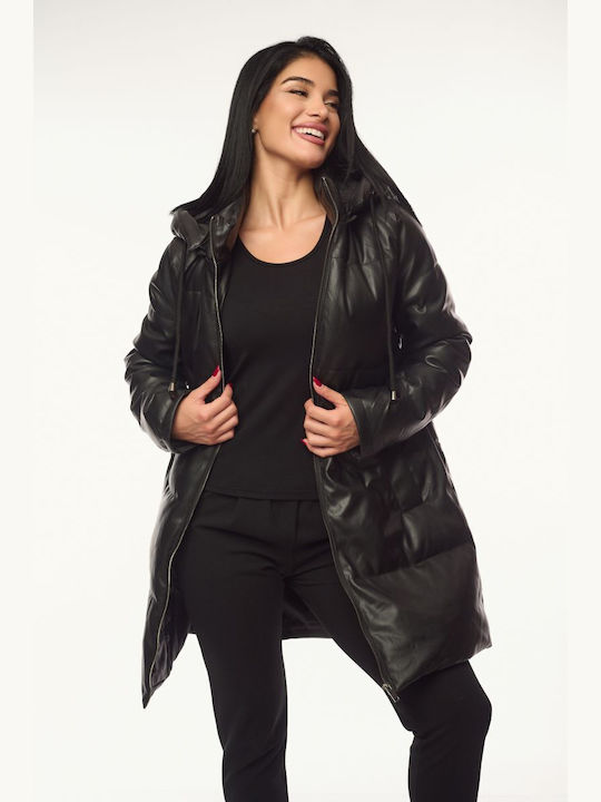 Women's Long Lifestyle Artificial Leather Jacket for Winter with Hood Black