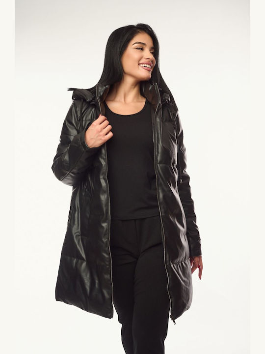 Women's Long Lifestyle Artificial Leather Jacket for Winter with Hood Black