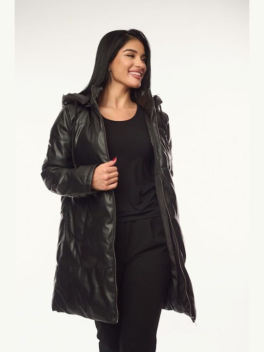 Women's Long Lifestyle Artificial Leather Jacket for Winter with Hood Black