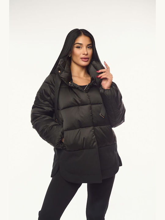 Women's Short Lifestyle Jacket for Winter with Hood Black
