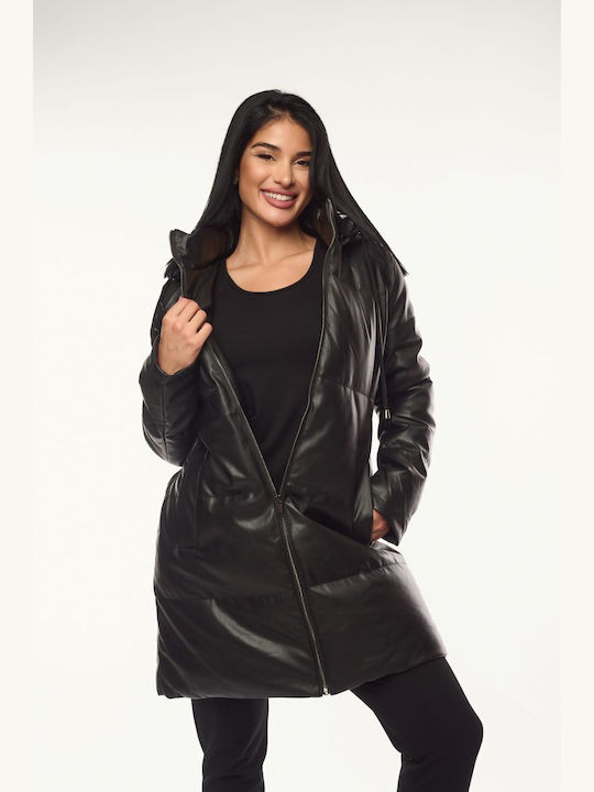 Women's Long Lifestyle Artificial Leather Jacket for Winter with Hood Black