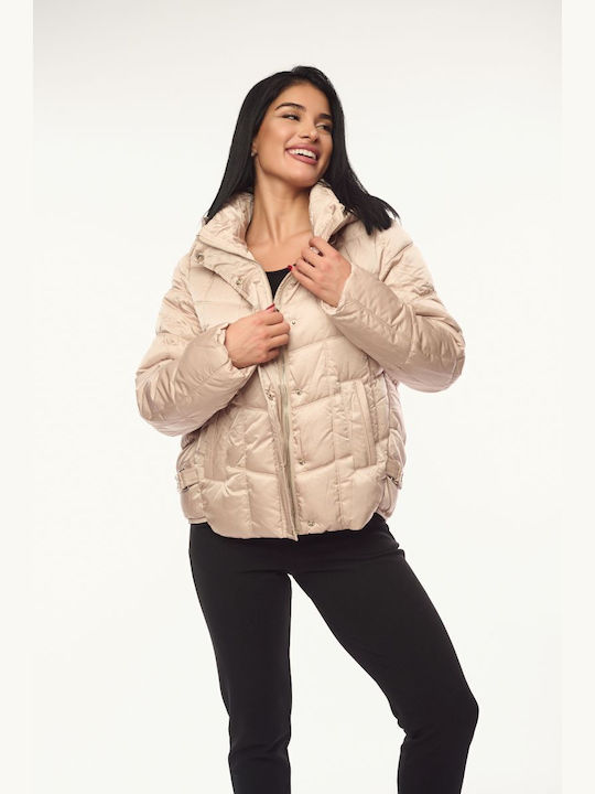 Women's Short Lifestyle Jacket for Winter with Hood Beige