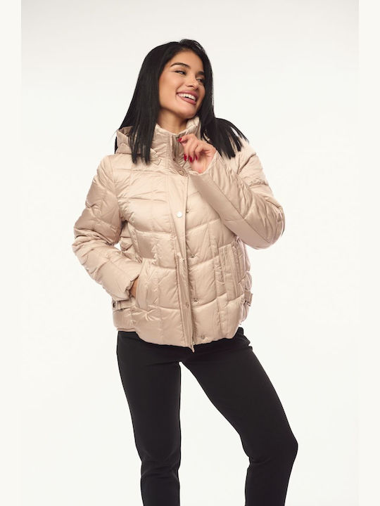 Women's Short Lifestyle Jacket for Winter with Hood Beige