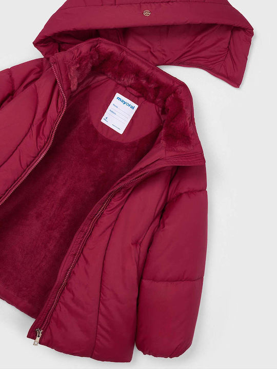 Kids Quilted Long Hooded Jacket Cherry