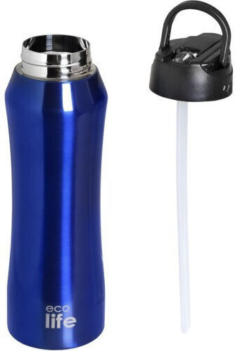 Ecolife Recyclable Bottle Thermos Stainless Steel / Plastic BPA Free 550ml Blue with Straw