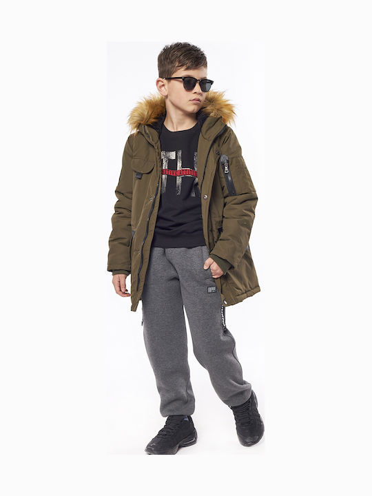 Kinder Freizeitjacke Lang Winddicht mit Kapuze Khaki
