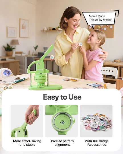 Vevor Button Maker Machine 75 Mm Plastic Pin Maker 100pcs Button Parts Circle Cutter Magic Book Reinforced Ergonomic Handle Diy Badges Personalized Pins Key Chains Green